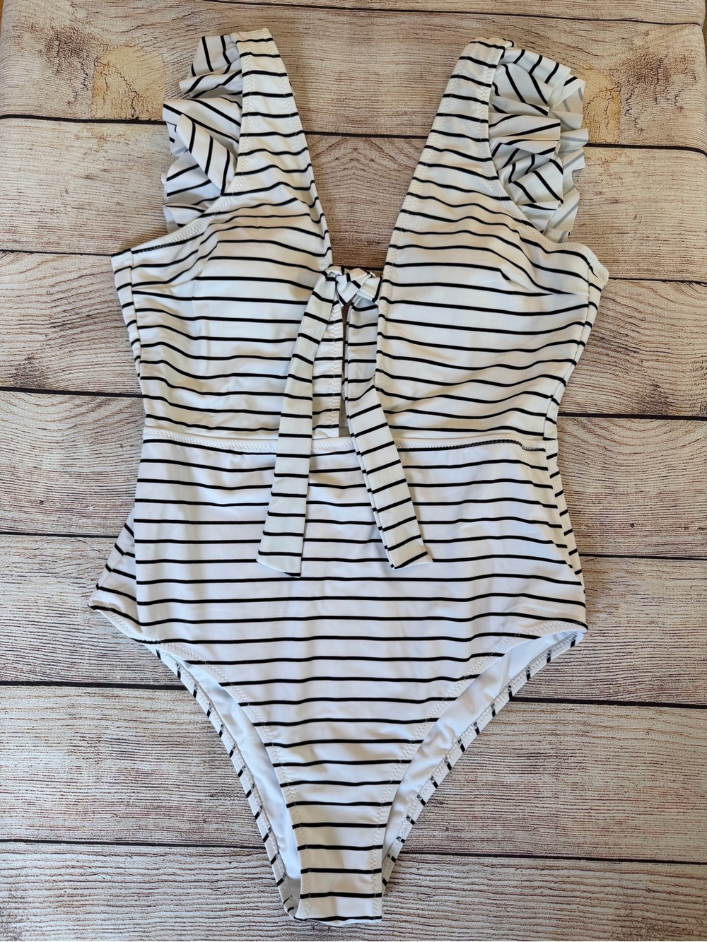 White and Black Stripe Ruffle One Piece Swimsuit - Large